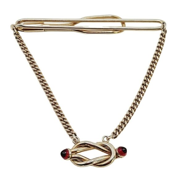 Vintage Swank Slide On Tie Bar W/ Chain Knotted Accent Red Glass Ends Gold Tone - Picture 1 of 8